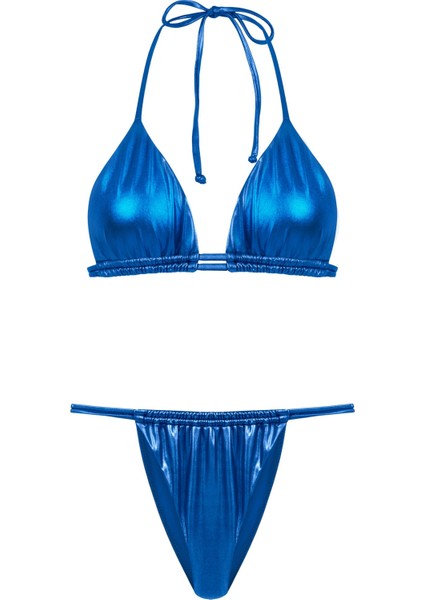 Çift Kanal Büzgülü Saks Parlak Üçgen Bikini Takım