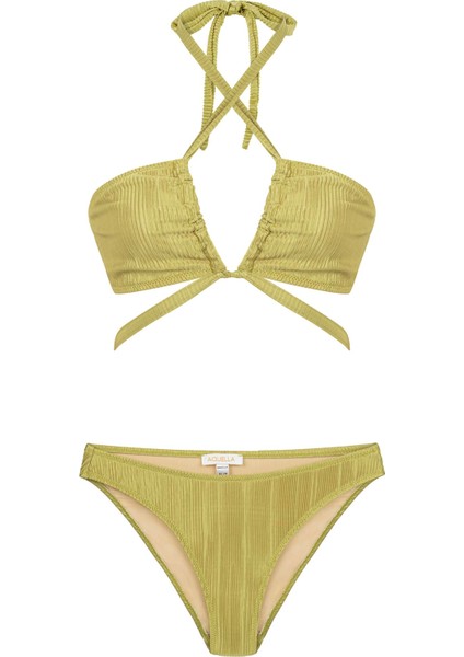 Saten Piliseli Neon Yeşil Straplez Bikini Takım