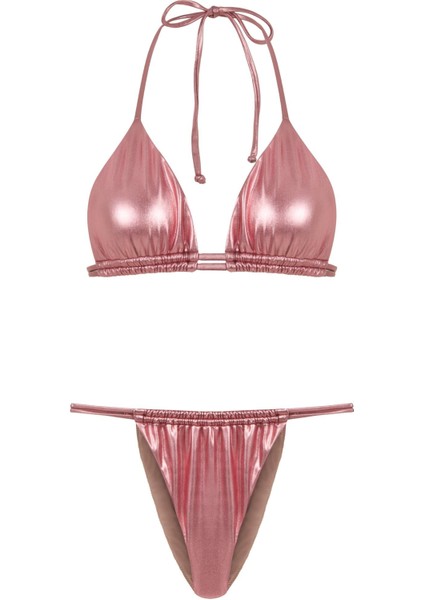Çift Kanal Büzgülü Pembe Parlak Üçgen Bikini Takım