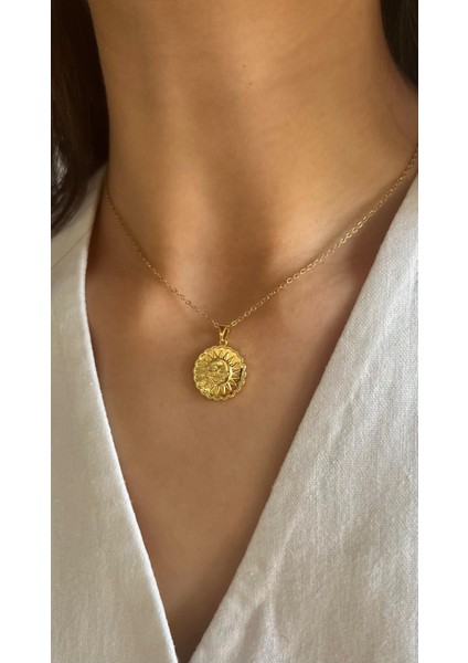 Güneş Figürlü Vintage Çelik Gold Kolye 45CM