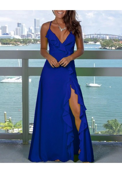 Kadın Ip Askılı Dekolteli Yırtmaç Detay Krep Elbise modelleri