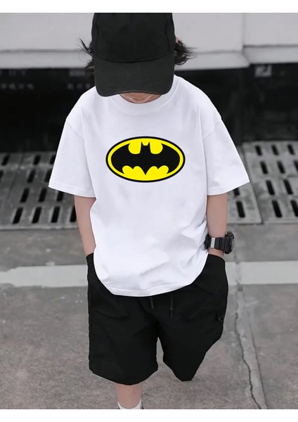 kaliteli Penye Kız Erkek Çocuk Baskılı Beyaz Gri Siyah Tshirt 5 6 7 8 9 10 11 12 13 14 Yaş Batman