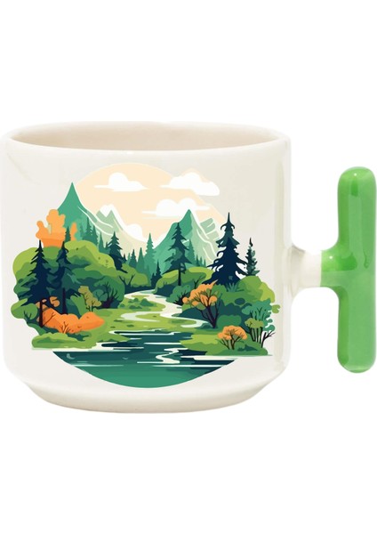 ,Tasarım Doğa Ve Orman Kupa Bardak ,Yeşil T Kulp Mug, Özel Seramik Bardak , Kişiselleştirilmiş Hediye