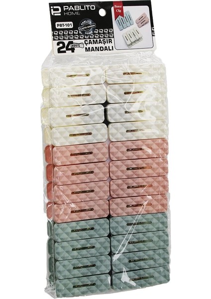 24PCS Çamaşır Mandalı Renkli Plastik - Prizma Kabartma Desenli (4767)