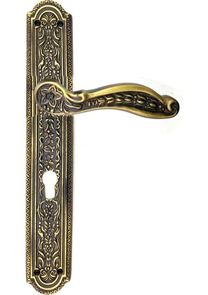 Antika Tarz Dekoratif Pirinç Ulu Model Desenli Yale, Dış Kapı Kolu - 354X57 Mm, Antik