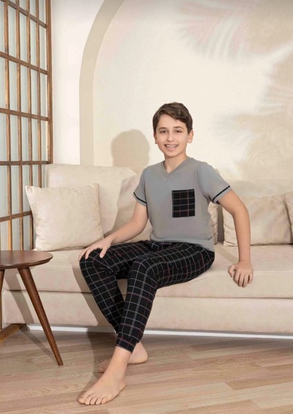 Baba Oğul Kombin Kısa Kollu Ekoseli Uzun Alt Penye Kumaş Orta Kalın V Yaka Pijama TAKIMI-3995 indirimleri