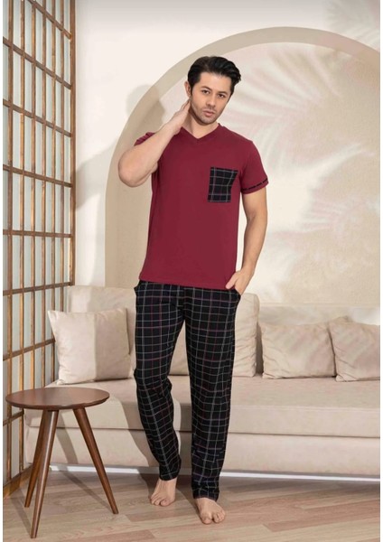 Baba Oğul Kombin Kısa Kollu Ekoseli Uzun Alt Penye Kumaş Orta Kalın V Yaka Pijama TAKIMI-3995 modelleri