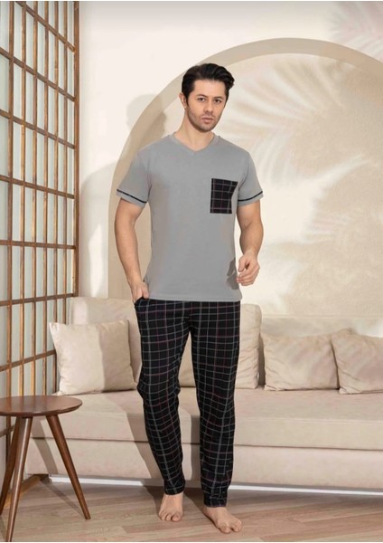Baba Oğul Kombin Kısa Kollu Ekoseli Uzun Alt Penye Kumaş Orta Kalın V Yaka Pijama TAKIMI-3995 fiyatları