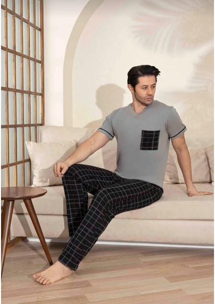 Baba Oğul Kombin Kısa Kollu Ekoseli Uzun Alt Penye Kumaş Orta Kalın V Yaka Pijama TAKIMI-3995 fırsatları
