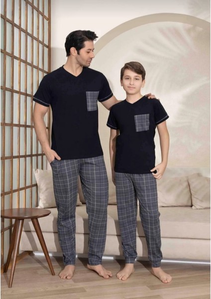 Baba Oğul Kombin Kısa Kollu Ekoseli Uzun Alt Penye Kumaş Orta Kalın V Yaka Pijama TAKIMI-3995