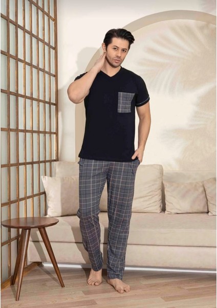 Baba Oğul Kombin Kısa Kollu Ekoseli Uzun Alt Penye Kumaş Orta Kalın V Yaka Pijama TAKIMI-3995 fiyatları
