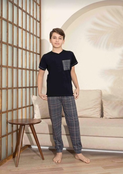 Baba Oğul Kombin Kısa Kollu Ekoseli Uzun Alt Penye Kumaş Orta Kalın V Yaka Pijama TAKIMI-3995 modelleri