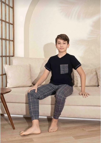 Baba Oğul Kombin Kısa Kollu Ekoseli Uzun Alt Penye Kumaş Orta Kalın V Yaka Pijama TAKIMI-3995 indirimleri