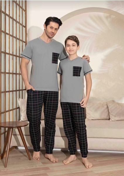 Baba Oğul Kombin Kısa Kollu Ekoseli Uzun Alt Penye Kumaş Orta Kalın V Yaka Pijama TAKIMI-3995