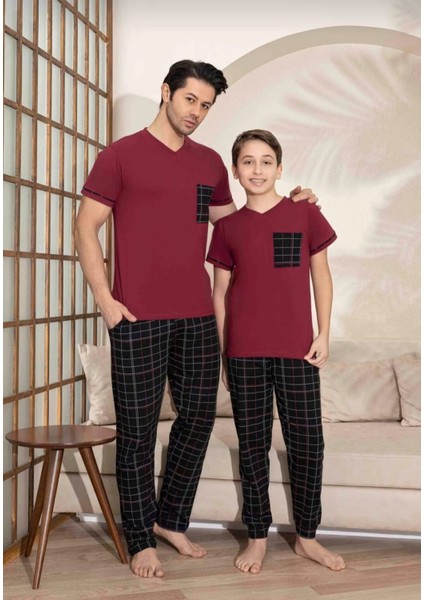 Baba Oğul Kombin Kısa Kollu Ekoseli Uzun Alt Penye Kumaş Orta Kalın V Yaka Pijama TAKIMI-3995 fiyatları