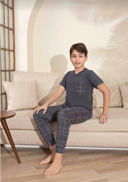 Baba Oğul Kombin Kısa Kollu Ekoseli Uzun Alt Penye Kumaş Orta Kalın V Yaka Pijama TAKIMI-3995