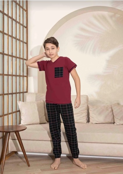 Baba Oğul Kombin Kısa Kollu Ekoseli Uzun Alt Penye Kumaş Orta Kalın V Yaka Pijama TAKIMI-3995 fırsatları