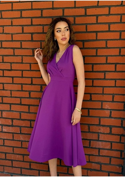 Asfstore Kadın Ithal Krep Kumaş Kruvaze Yaka Eteği Kloş Kolsuz Midi Elbise