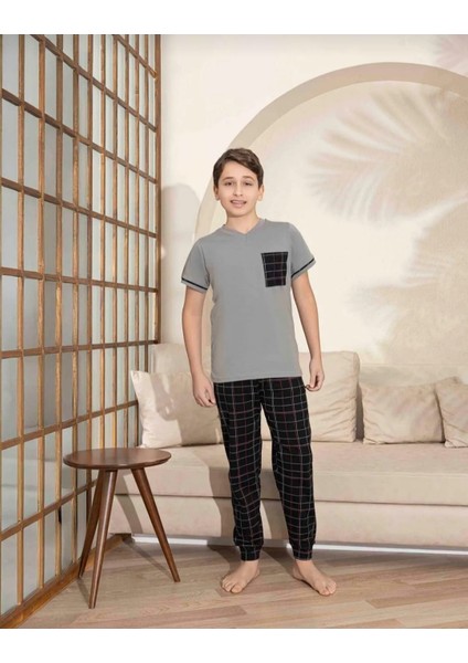 Baba Oğul Kombin Kısa Kollu Ekoseli Uzun Alt Penye Kumaş Orta Kalın V Yaka Pijama TAKIMI-3995 modelleri