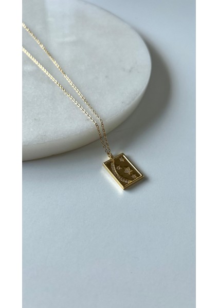 Zirkon Taşlı Ay Yıldız Detaylı Çelik Gold Plaka Vintage Kolye