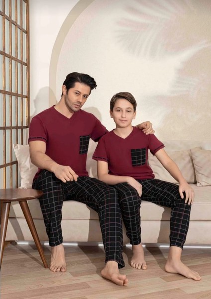 Baba Oğul Kombin Kısa Kollu Ekoseli Uzun Alt Penye Kumaş Orta Kalın V Yaka Pijama TAKIMI-3995