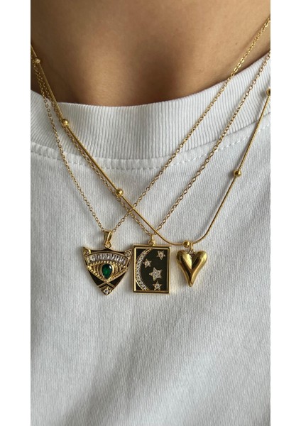 Topçuk Zincirli Kalp Vintage Çelik Gold Kolye