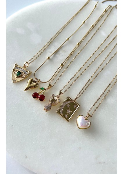 Topçuk Zincirli Kalp Vintage Çelik Gold Kolye