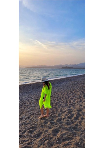 Kelebek Desen Pareo Plaj Elbisesi - Neon Sarı