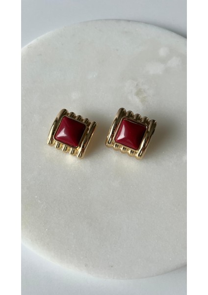 Bordo Detaylı Kare Vintage Pirinç Gold Küpe fiyatları