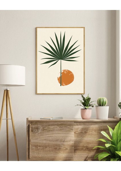 Minimalist Palmiye Yaprağı ve Turuncu Güneş Dijital Poster – Modern Botanik Duvar Dekoru