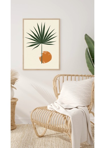 Minimalist Palmiye Yaprağı ve Turuncu Güneş Dijital Poster – Modern Botanik Duvar Dekoru