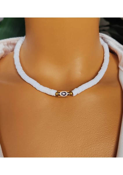 Nazar Figürlü Beyaz Fimo Kadın Kolye