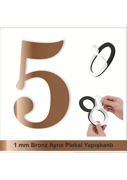 Kapı Daire Numarası 1 mm Bronz Ayna Pleksi Yapışkanlı No - 5 Beş