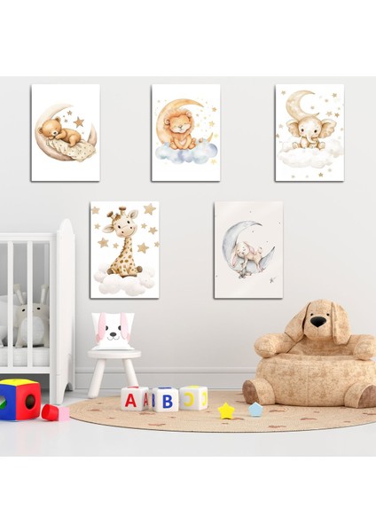 Çocuk, Bebek Odası, Uykucu Hayvanlar Alemi, 5'li Dekoratif Metal Tablo