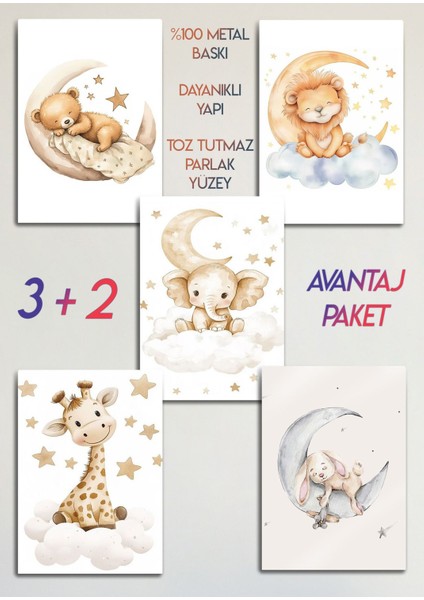 Çocuk, Bebek Odası, Uykucu Hayvanlar Alemi, 5'li Dekoratif Metal Tablo fiyatları