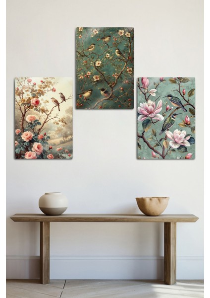 Parlak Canlı Metal Baskı - 3'lü Sanatsal Kuş Figürlü Dekoratif Tablo