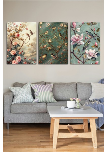 Parlak Canlı Metal Baskı - 3'lü Sanatsal Kuş Figürlü Dekoratif Tablo fiyatları