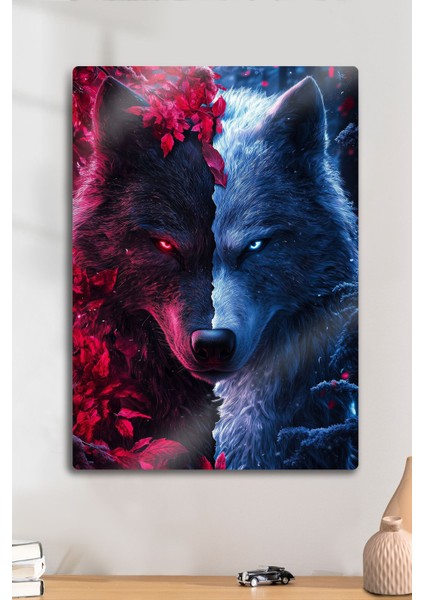 Metal Baskı - Mitolojik Kurt Bordo Mavi Türk, Dekoratif Tablo