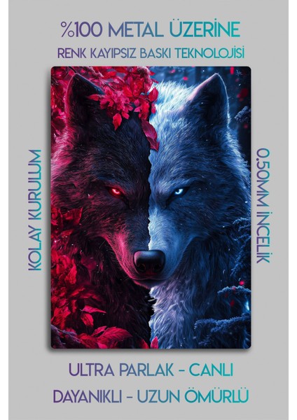 Metal Baskı - Mitolojik Kurt Bordo Mavi Türk, Dekoratif Tablo fiyatları