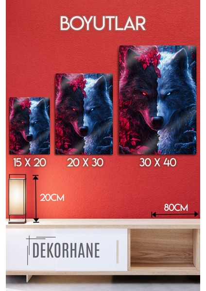 Metal Baskı - Mitolojik Kurt Bordo Mavi Türk, Dekoratif Tablo fırsatları