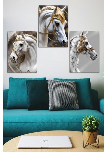 Metal Baskı - 3'lü Gold Arabian Horse - Dekoratif At Tablosu
