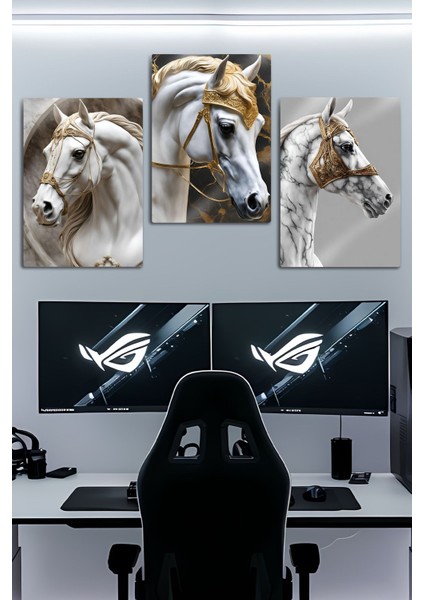 Metal Baskı - 3'lü Gold Arabian Horse - Dekoratif At Tablosu fiyatları