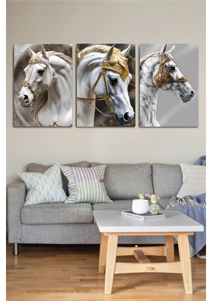 Metal Baskı - 3'lü Gold Arabian Horse - Dekoratif At Tablosu modelleri