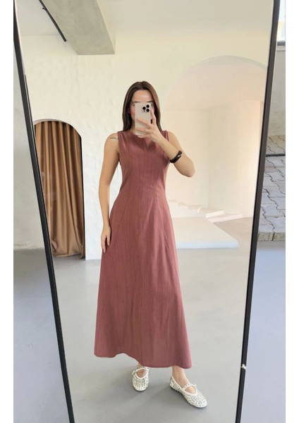 Keten Uzun Kolsuz Elbise- Gül Kurusu modelleri