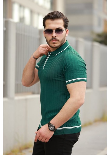 Erkek Fermuarlı Yakalı Kısa Kollu T-Shirt