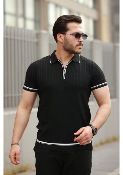 Erkek Fermuarlı Yakalı Kısa Kollu T-Shirt
