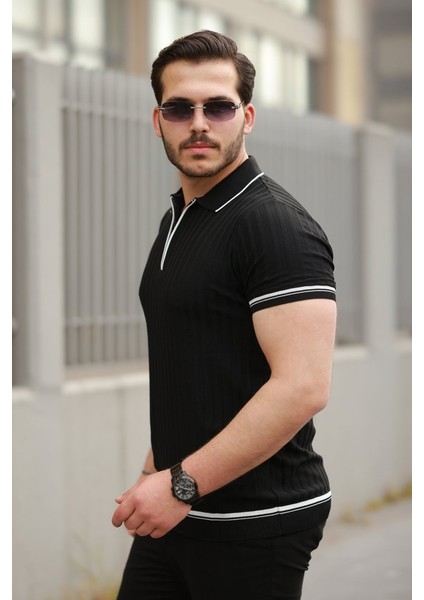 Erkek Fermuarlı Yakalı Kısa Kollu T-Shirt