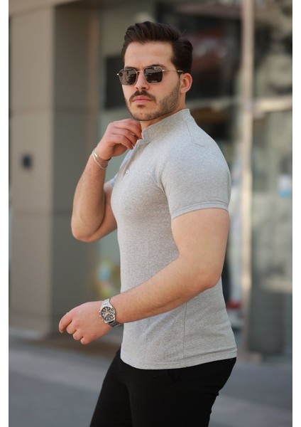 Erkek Hakim Yaka Dokuma Pamuklu Kumaş Kısa Kollu T-Shirt