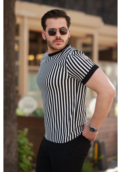 Erkek Siyah Beyaz Örme Pamuklu Kumaş Kısa Kollu T-Shirt