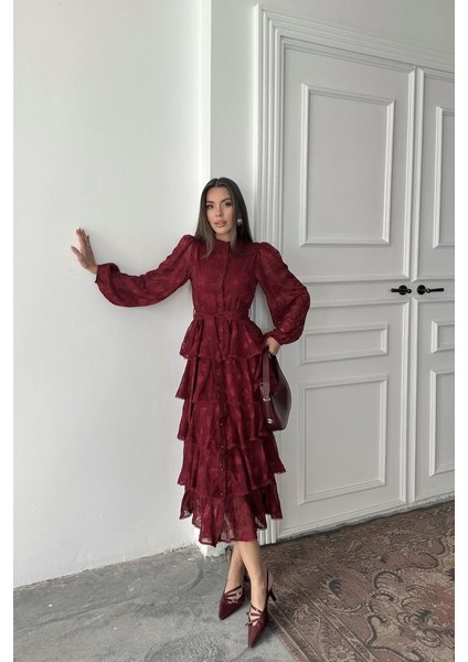 Bej Valonlu Şeritli Kat Kat Elbise fiyatları